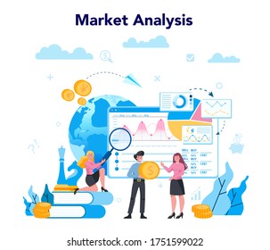 Trader, financial investment concept. Market analysis. Buy, sell or loss profits, trader strategy. Idea of money increase and finance growth. Vector illustration in flat style