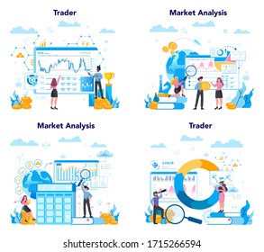 Trader, financial investment concept set. Buy, sell or loss profits, trader strategy. Idea of money increase and finance growth. Vector illustration in flat style