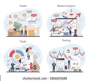 Trader, financial investment concept set. Buy, sell or loss profits, trader strategy, market analysis. Idea of money increase and finance growth. Vector illustration in flat style