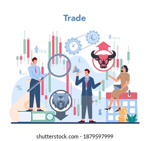 Trader, financial investment concept. Stock market analysis. Idea of money increase and finance deal. Vector illustration in flat style