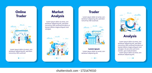 Trader, Financial Investment Mobile Application Banner Set. Buy, Sell Or Loss Profits, Trader Strategy. Idea Of Money Increase And Finance Growth. Vector Illustration In Flat Style