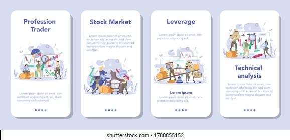 Trader, Financial Investment Mobile Application Banner Set. Stock Market Profit, Leverage, Technical Analysis. Increase And Finance Growth. Vector Illustration In Flat Style