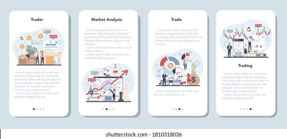 Trader, financial investment mobile application banner set. Buy, sell or loss profits, trader strategy, market analysis. Idea of money increase and finance growth. Vector illustration in flat style