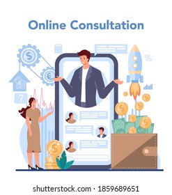 Trader, financial investment online service or platform. Stock market analysis. Idea of money increase. Online consultation. Vector illustration
