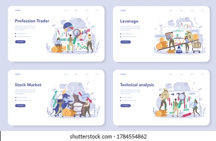 Trader, Financial Investment Web Banner Or Landing Page Set. Stock Market Profit, Leverage, Technical Analysis. Increase And Finance Growth. Vector Illustration In Flat Style