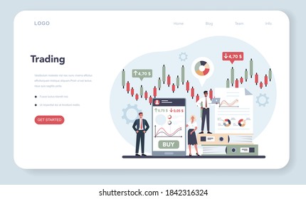 Trader, financial investment web banner or landing page. Buy, sell or loss profits, trader strategy, market analysis. Idea of money increase and finance growth. Vector illustration in flat style