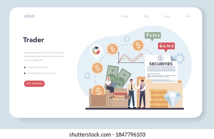 Trader, financial investment web banner or landing page. Buy, sell or loss profits, trader strategy, market analysis. Idea of money increase and finance growth. Vector illustration in flat style