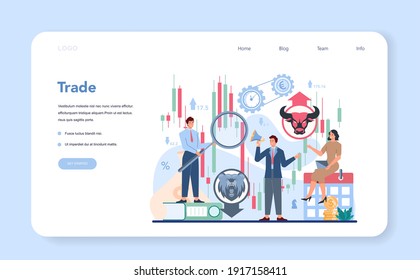 Trader, financial investment web banner or landing page. Stock market analysis. Idea of money increase and finance deal. Vector illustration in flat style