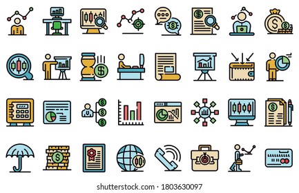 Trader icons set. Outline set of trader vector icons thin line color flat on white
