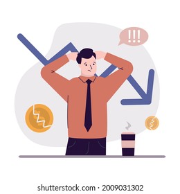 Trader losing profits. Economic financial crisis and business failure. Concept of investment and stock exchange. Bankruptcy and fall chart. Loss of investment, no profit. Flat vector illustration