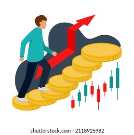 The trader moves up the charts. Trading, quotes, stocks, investment concept. Flat cartoon vector illustration