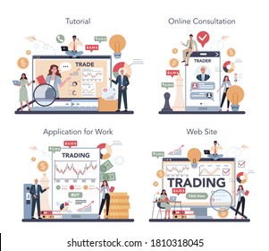 Trader online service or platform. Buy, sell or loss profits, trader strategy, market analysis. Online consultation, tutorial, application, website. Vector illustration in flat style