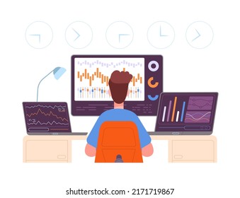 Trader. Professional broker looking screen of finance trading international traders companies, data analysis selling investment exchange currency vector illustration of business broker trade finance