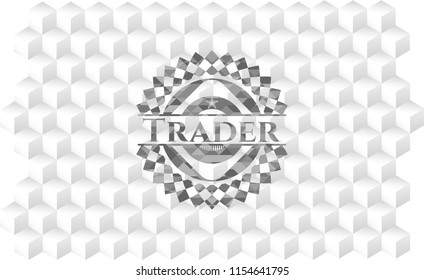 Trader realistic grey emblem with geometric cube white background