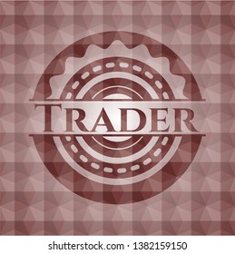 Trader red emblem or badge with abstract geometric polygonal pattern background. Seamless.