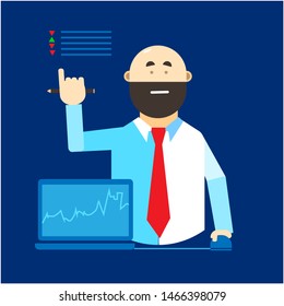 trader in a red tie with a computer. stock broker. Vector