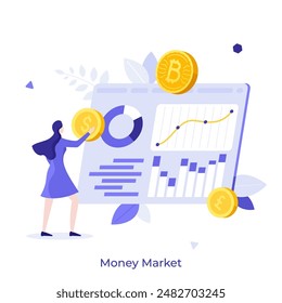 Trader researching currency exchange rate at digital dashboard. Financial analytics. Money market concept flat vector illustration. Cryptocurrency investment cartoon character color composition