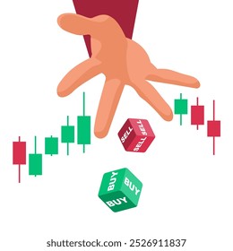 The trader rolls the dice. Unpredictable market. Buy or sell. Forecast of changes in global indices and currencies. Vector illustration flat design. Isolated on white background.