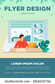Trader sitting and working at laptop. Bar charts, pie diagrams in background flat vector illustration. Workplace, stock market, communication concept for banner, website design or landing web page