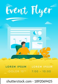 Trader sitting and working at laptop. Bar charts, pie diagrams in background flat vector illustration. Workplace, stock market, communication concept for banner, website design or landing web page