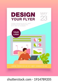 Trader sitting and working at laptop. Bar charts, pie diagrams in background flat vector illustration. Workplace, stock market, communication concept for banner, website design or landing web page
