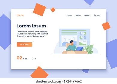 Trader sitting and working at laptop. Bar charts, pie diagrams in background flat vector illustration. Workplace, stock market, communication concept for banner, website design or landing web page