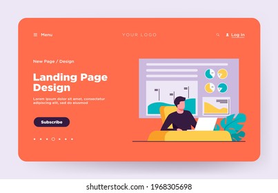 Trader sitting and working at laptop. Bar charts, pie diagrams in background flat vector illustration. Workplace, stock market, communication concept for banner, website design or landing web page