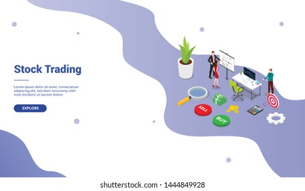 trader stock market trading concept with business man team people for website template or landing homepage with modern isometric style - vector