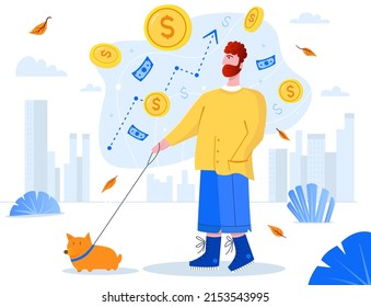 A trader thinks about cryptocurrency while walking his dog. A male investor plans his income. Big city and money concept. A man who is passionate about money growth. A businessman in a casual setting.