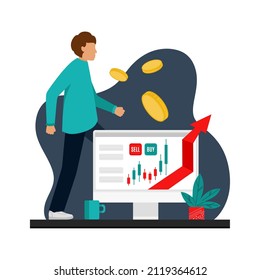 The trader tracks the charts at the computer. Trading, quotes, stocks, investment concept. Flat cartoon vector illustration