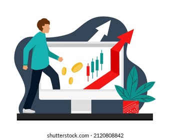 The trader tracks the charts at the computer. Trading, quotes, stocks, investment concept. Flat cartoon vector illustration