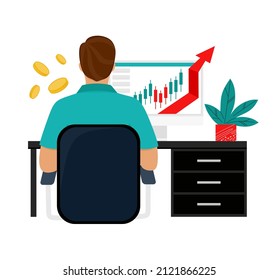 The trader tracks the charts at the computer. Trading, quotes, stocks, investment concept. Flat cartoon vector illustration