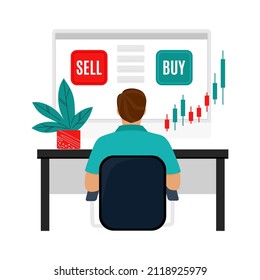 The trader tracks the charts and decides whether to buy or not. Trading, quotes, stocks, investment concept. Flat cartoon vector illustration