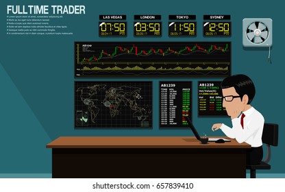 Trader Is Trading Stock In Blue Trading Room
