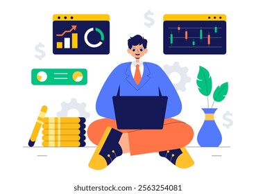 Trader Vector Illustration Featuring Financial Trend Evaluation, Data Analysis, Traders Analyzing Charts, Candle Bars, and Graphs on Digital Devices
