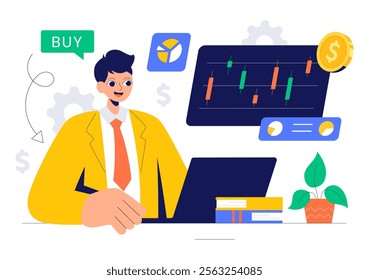 Trader Vector Illustration Featuring Financial Trend Evaluation, Data Analysis, Traders Analyzing Charts, Candle Bars, and Graphs on Digital Devices