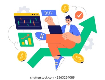 Trader Vector Illustration Featuring Financial Trend Evaluation, Data Analysis, Traders Analyzing Charts, Candle Bars, and Graphs on Digital Devices