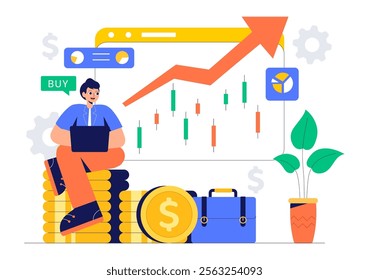 Trader Vector Illustration Featuring Financial Trend Evaluation, Data Analysis, Traders Analyzing Charts, Candle Bars, and Graphs on Digital Devices