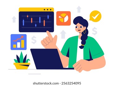 Trader Vector Illustration Featuring Financial Trend Evaluation, Data Analysis, Traders Analyzing Charts, Candle Bars, and Graphs on Digital Devices
