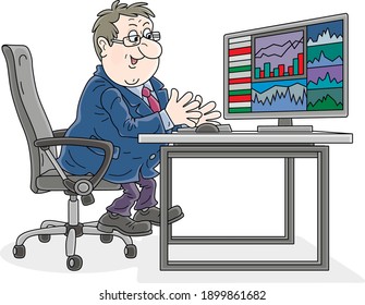 Trader watching a computer monitor with graphs and rates at his workplace at a stock or currency exchange, vector cartoon illustration on a white background