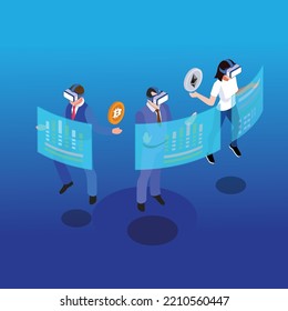 Trader wearing VR headsets analyze trading charts 3d isometric vector illustration concept for banner, website, landing page, ads, flyer template