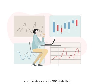 Trader woman is drinking coffee, working with chart on stock and incrise revenue on laptop. Concept vector illustration