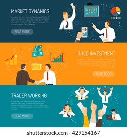 Trader work horizontal banners set with profitable financial solutions analysis of market stressful profession isolated vector illustration