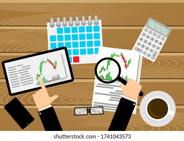 Arbeitsplatz des Händlers, Analyse des Austauschdiagramms Kerzenhalter. Analyse des Finanzwachstums, Analyse der Bankenanalyse. Arbeitstisch für den Handel. Vektor-Abbildung