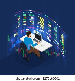 trader working analysis stock exchange graph and chart for decision buy or sell stock. Business concept. Vector illustrations.