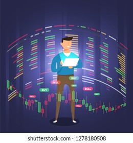 trader working analysis stock exchange graph and chart for decision buy or sell stock. Business concept. Vector illustrations.