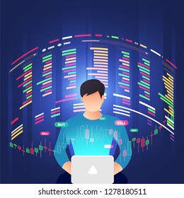 trader working analysis stock exchange graph and chart for decision buy or sell stock. Business concept. Vector illustrations.
