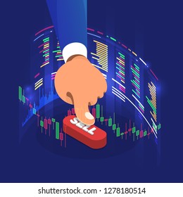 trader working analysis stock exchange graph and chart for decision buy or sell stock. Business concept. Vector illustrations.