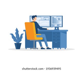 Trader working concept Vector illustration, Data analysis, businessman working at computer, office, workplace. Flat design vector illustration