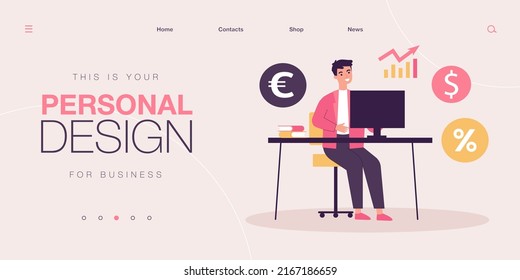 Trader working with increase in value of dollar against euro. Man trading in office workplace flat vector illustration. Trade, forex, finance concept for banner, website design or landing web page